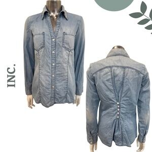 🛍️3/$40 INC Chambray Denim Button-Down Shirt Long Sleeve Lace Up Detail – Size 4